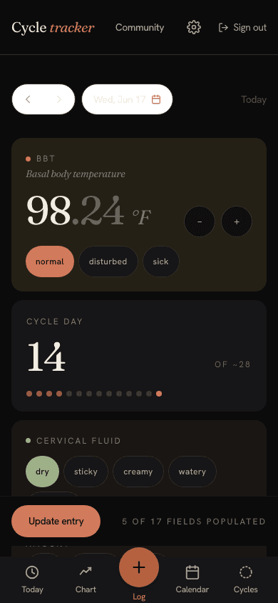 Daily log showing waking temperature and cervical fluid